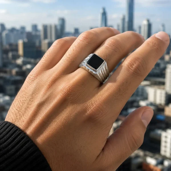 Anillo Sello Piedra Negra Clasico Hombre Plata 980