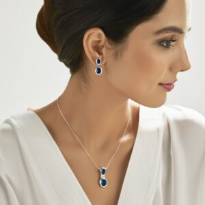 Conjunto Piedra Zafiro Azul Oscuro Plata Fina 925 Mujer