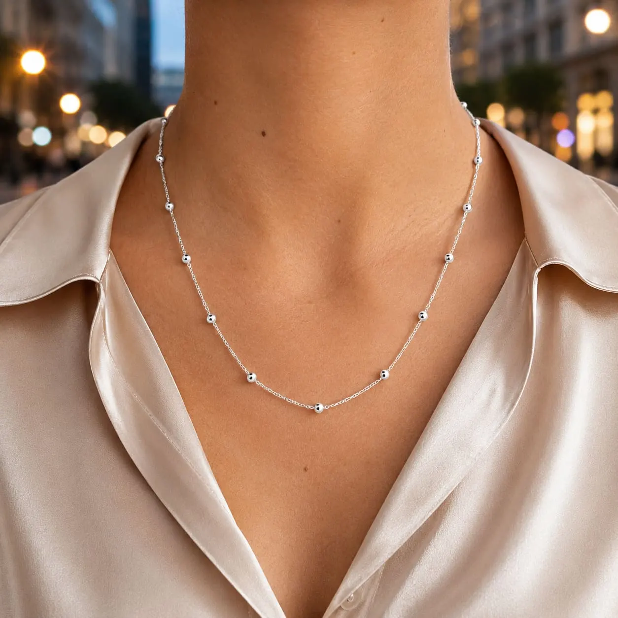 Collar Bolita 50cm Plata 925 Pelotita Cadena Singapur Mujer