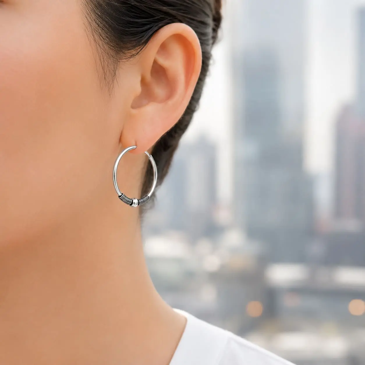 Aros Argolla Grande Bolita Bali Hoop Plata 925 Envejecida