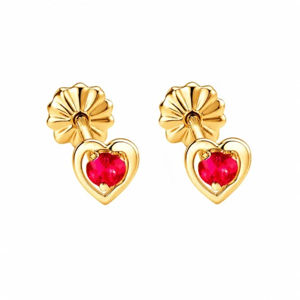 Aros Oro 18 kilates Corazon Rubi Tornillo Niña Mujer Joven