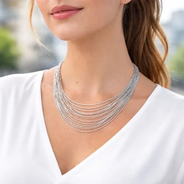 Collar Mujer Mostacillas 10 Vueltas Plata Fina 925 Clasica