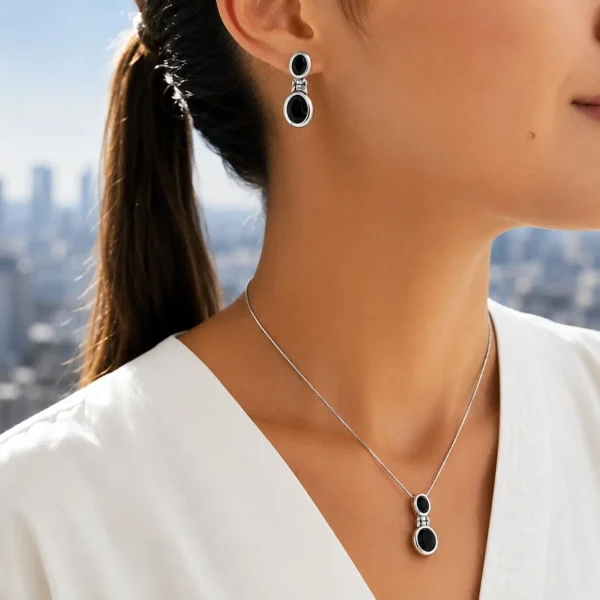 Conjunto Piedra Onix Plata Fina 925 Mujer