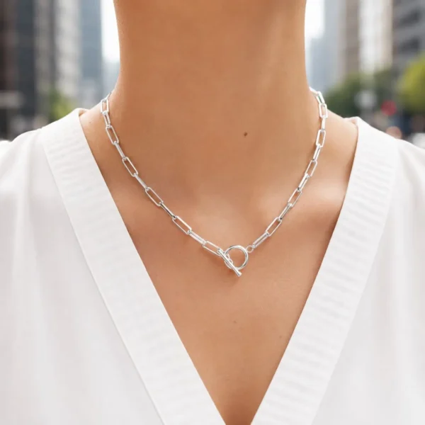 Collar Eslabon Largo Plata Nacional Broche Argolla Palito 45cm