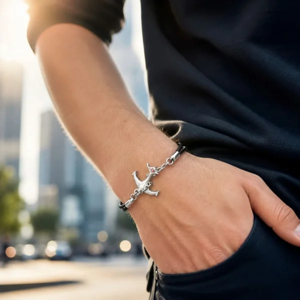 Pulsera Hombre Ancla Plata Nacional Cuero Natural