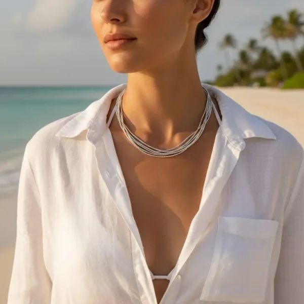 Collar Mostacillas 5 Vueltas Plata Fina 925 Clasica