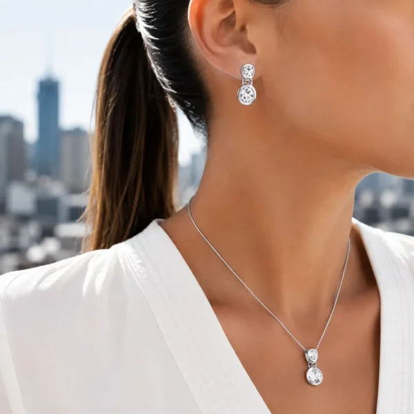 Conjunto Piedra Circon Transparente Plata Fina 925 Mujer
