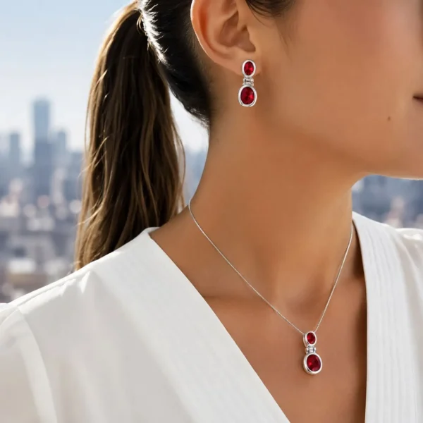 Conjunto Piedra Rubi Plata Fina 925 Mujer Clasica