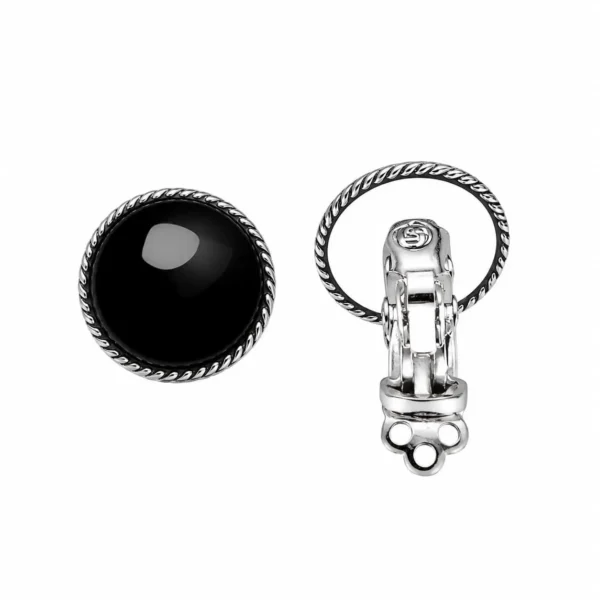Aros Clip Click Piedra Onix Redondo Plata Fina 925 Earcuff