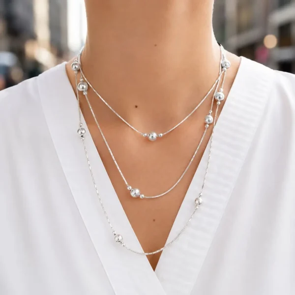 Collar Largo Grueso Plata Fina 925 Pelotitas Bolitas Mujer