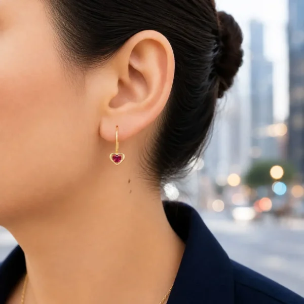 Aros Corazon Rubi Oro 18 Kilates Con Gancho Mujer Amor