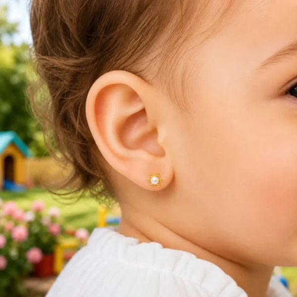 Aros Bebe Perla Cultivada Pistilo Oro 18 Kilates Garantizados