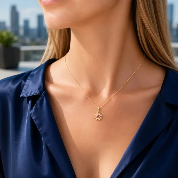 Collar Oro 18 Kilates Flor Rosita Rubi Mujer Juvenil