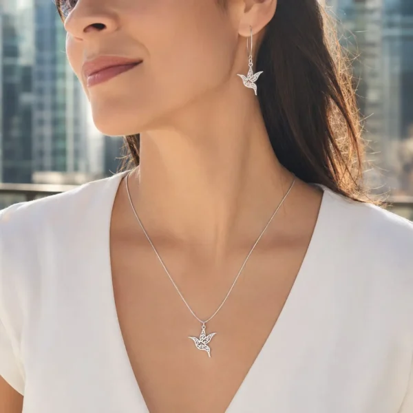 Conjunto Set Mujer Aros Collar Colibri Plata Fina 925