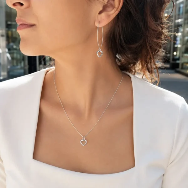 Conjunto Set Aros Collar Corazon Calado Plata Fina 925