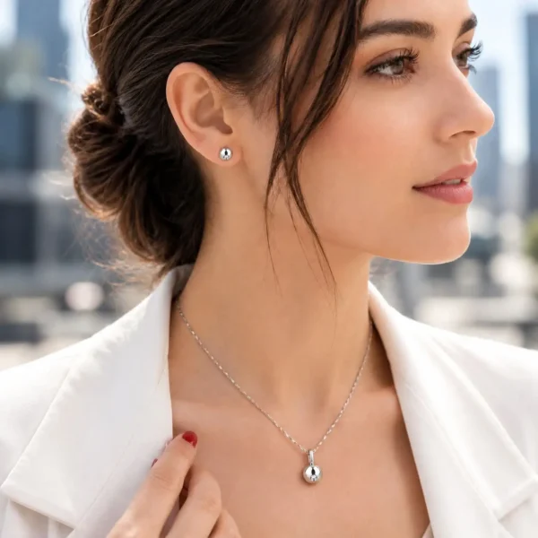 Conjunto Set Platino Con Diamantes Aros Colgante Mujer