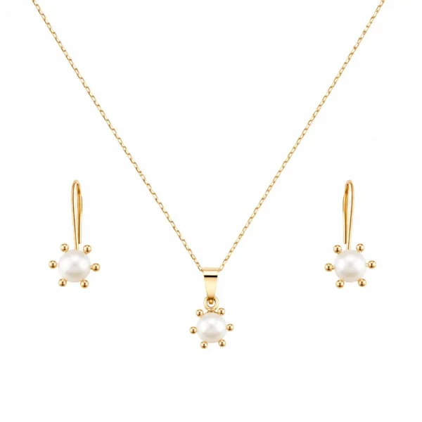 Conjunto Set Collar y Aros Perla Cultivada En Pistilos Oro 18K
