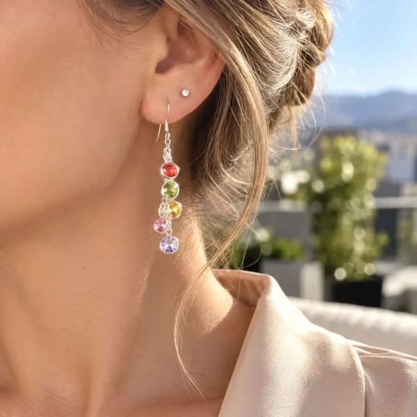 Aros Largos Con Cristales De Colores Plata Fina 925