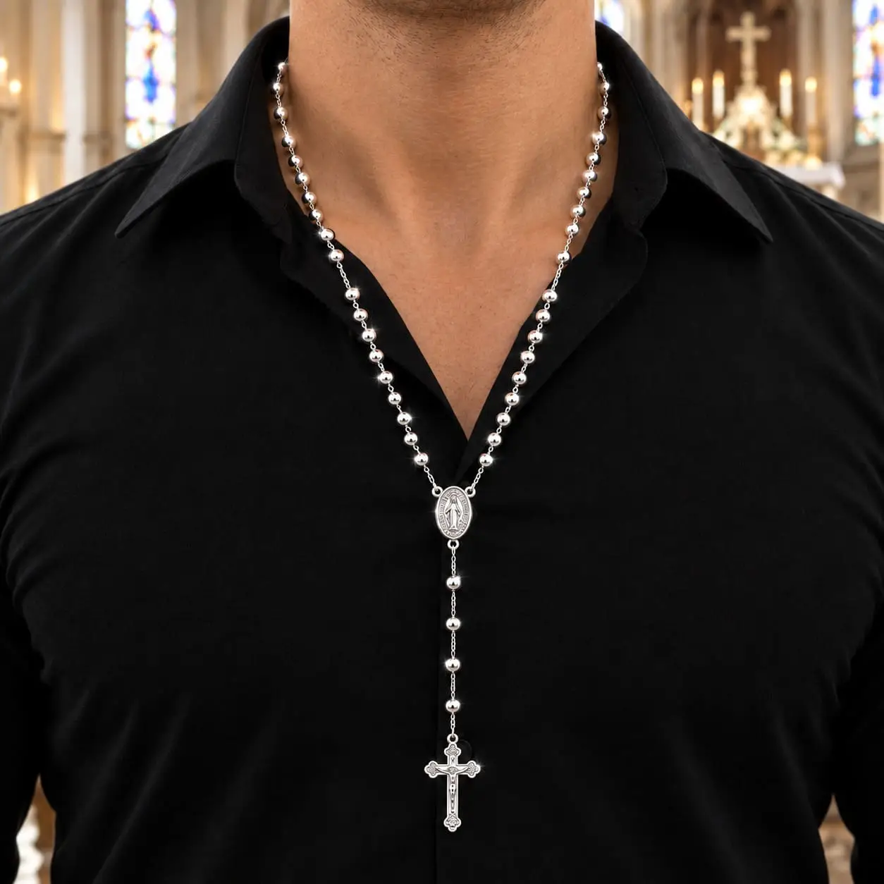 Rosario Hombre 60 cm Plata Fina 950 Religioso